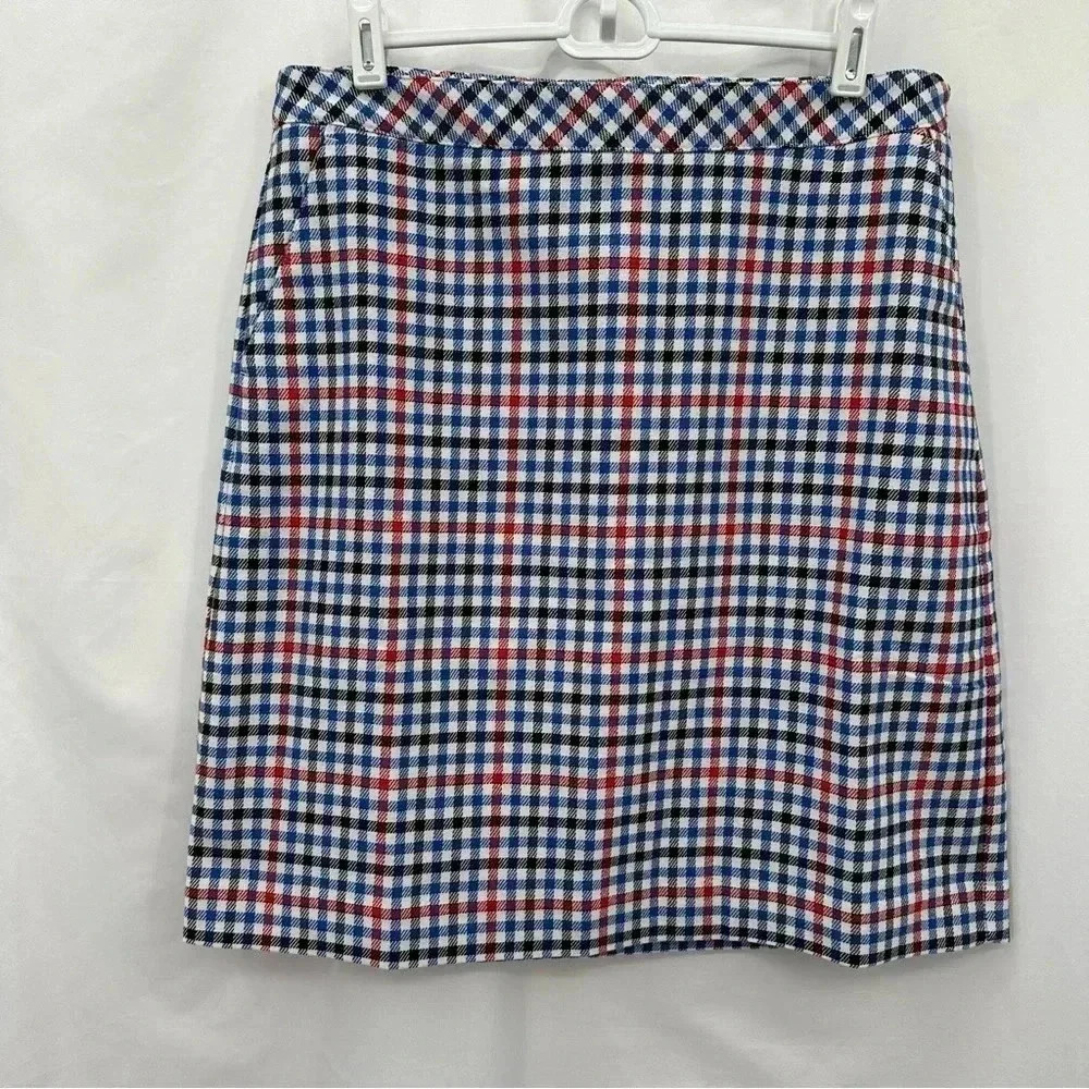 Talbots Pencil Skirt Women 10 Blue Red White Plaid Gingham Lined Side Zip Knee
